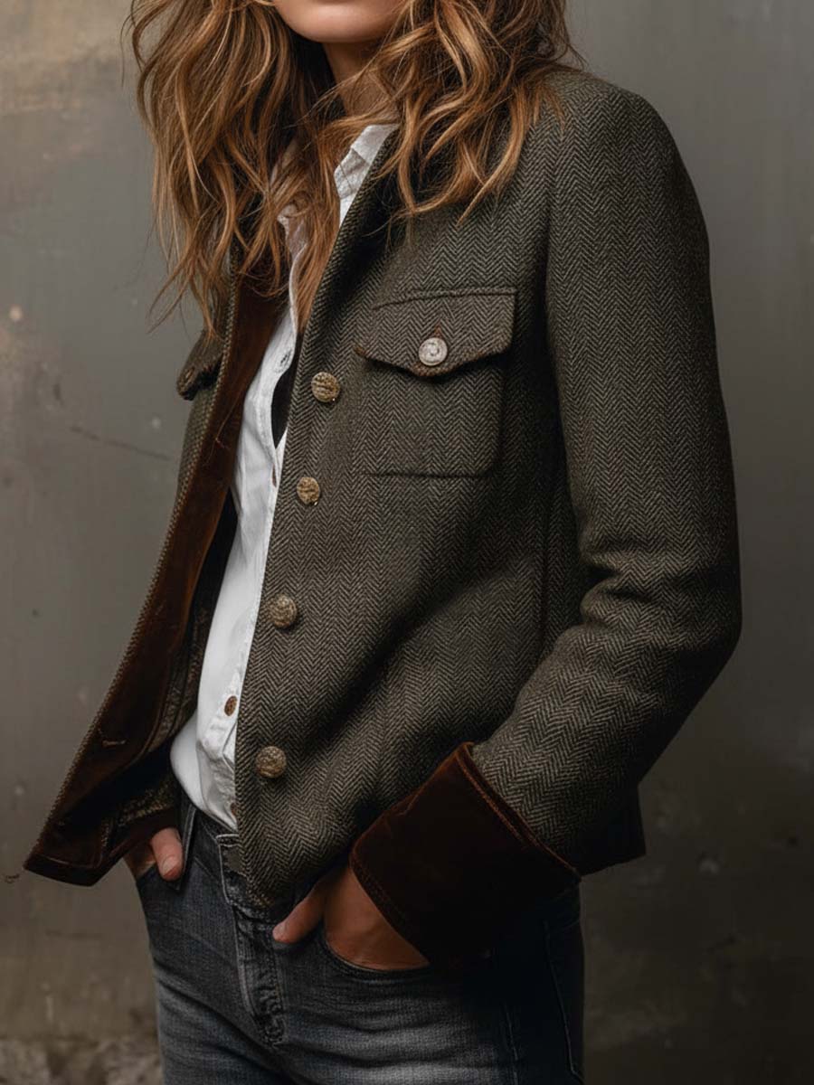 Vintage Herringbone Contrast Trim Blazer