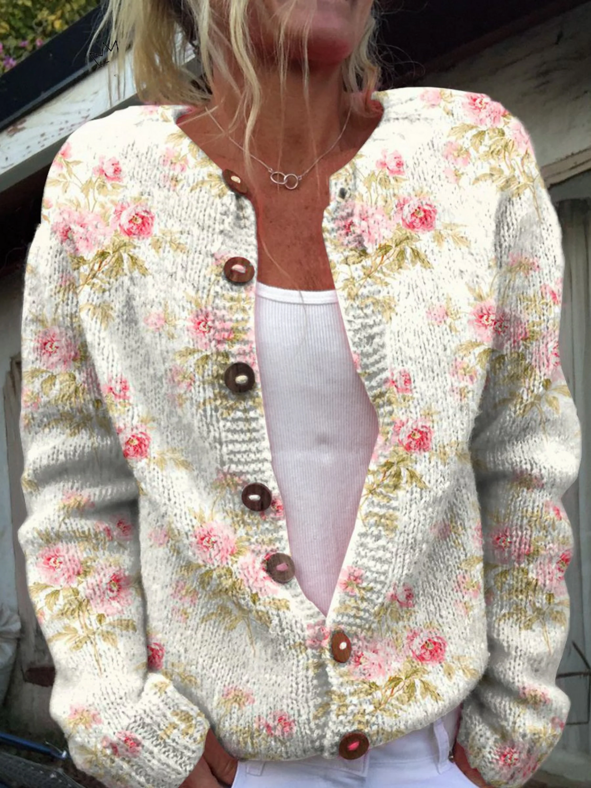 Flowers & Leaves Print Buttoned Cardigan