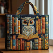 Reading Owl Among Old Books Quilted Bag