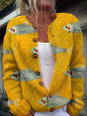 Vintage Fish Sardines Art Print Buttoned Cardigan