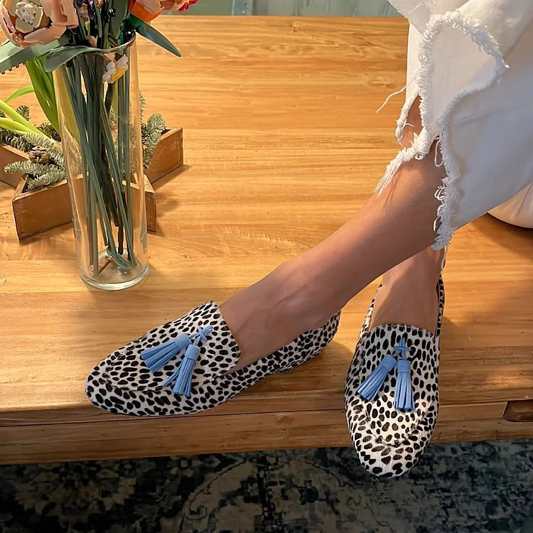 Leopard Print Loafers with Blue Tassel