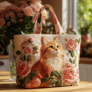 Red Cat with Pink Roses Quilted Bag