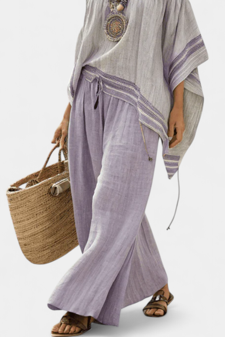 Sara | Elegant Off-the-Shoulder Top & Wide-Leg Striped Trousers