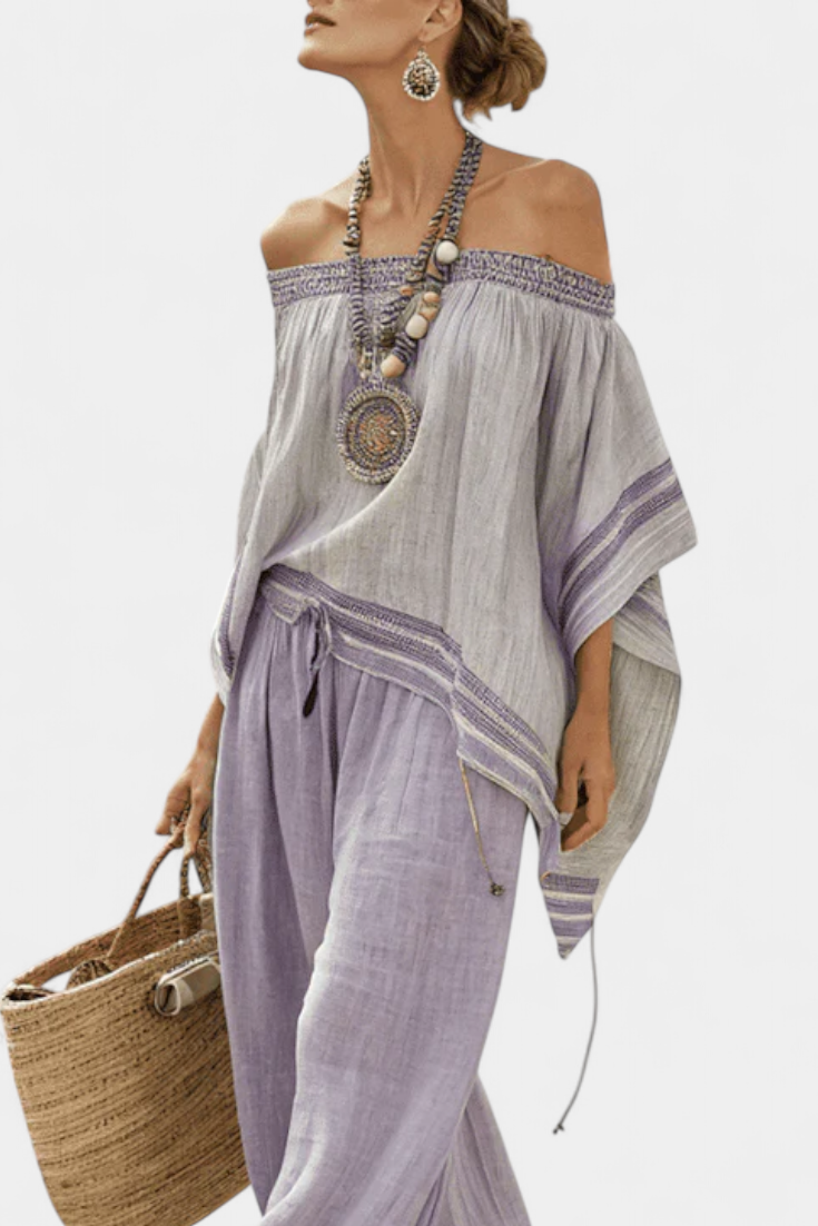 Sara | Elegant Off-the-Shoulder Top & Wide-Leg Striped Trousers