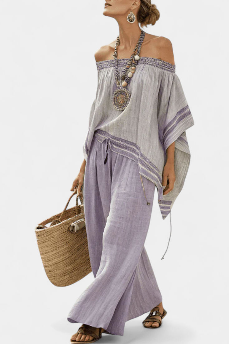 Sara | Elegant Off-the-Shoulder Top & Wide-Leg Striped Trousers