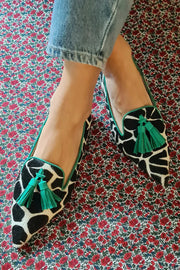 Pointed-Toe Giraffe Print Loafers with Green Fringing