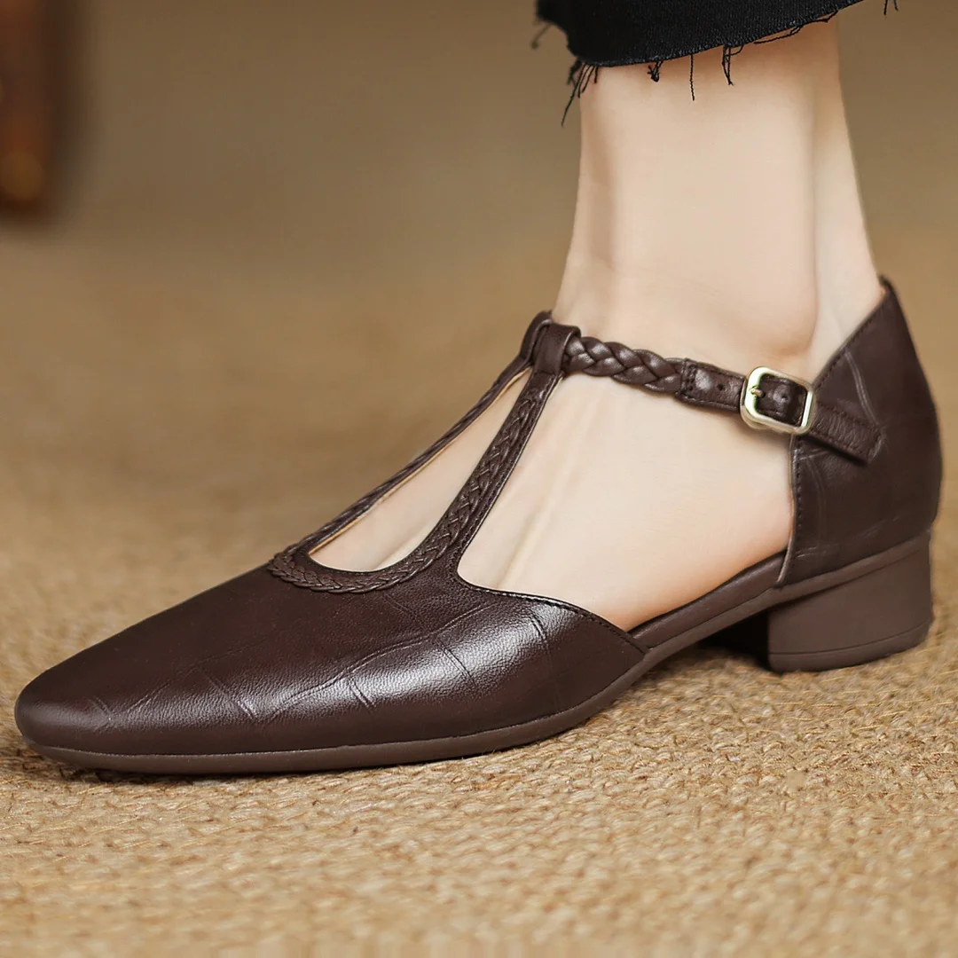 Astrid | Classic Leather Strap Shoes with Braided T-Bar Strap