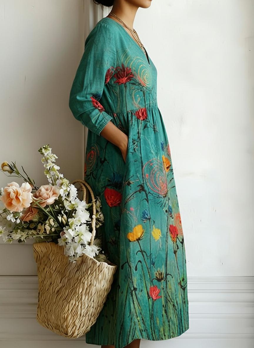 Floral Print V-Neck Maxi Dress with Pockets