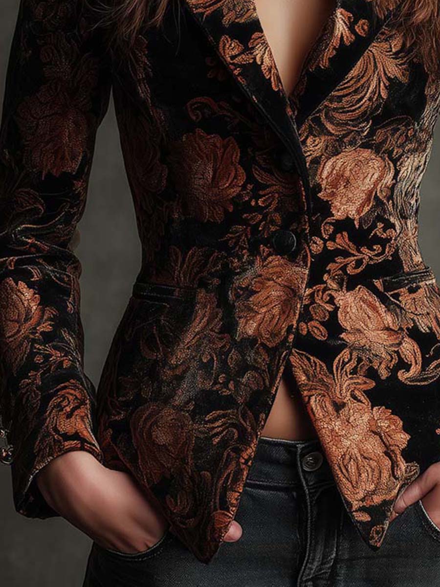 Black & Bronze Floral Print Tailored Blazer