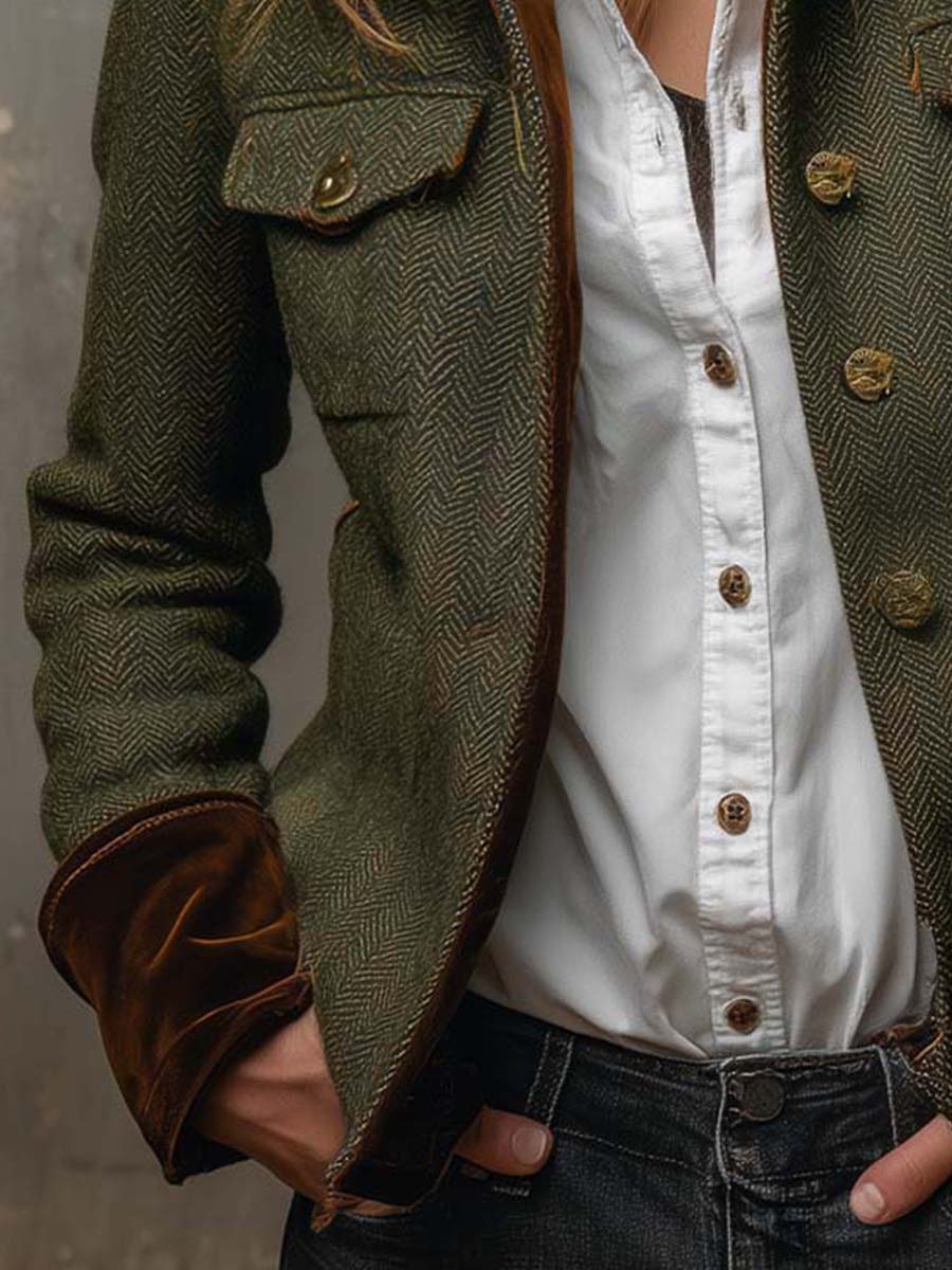 Vintage Herringbone Contrast Trim Blazer
