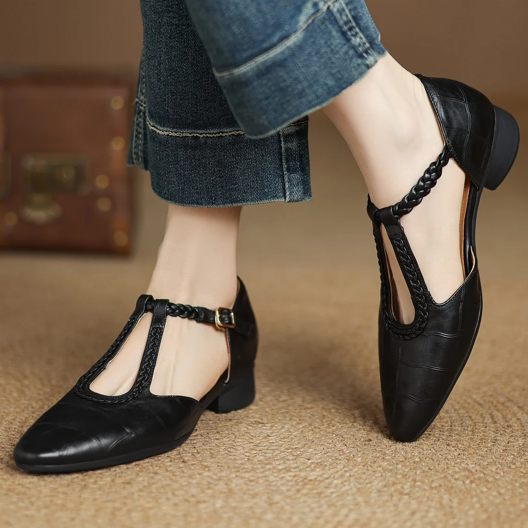 Astrid | Classic Leather Strap Shoes with Braided T-Bar Strap