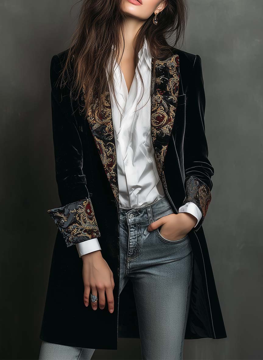 Black Baroque Print Lapel Slim Fit Blazer