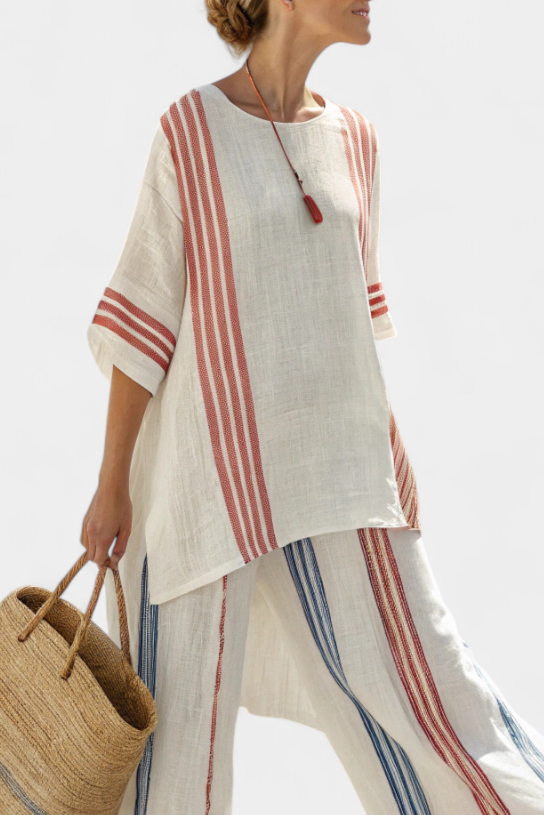 Yara | Refined Multicoloured Striped Top & Mediterranean Trousers