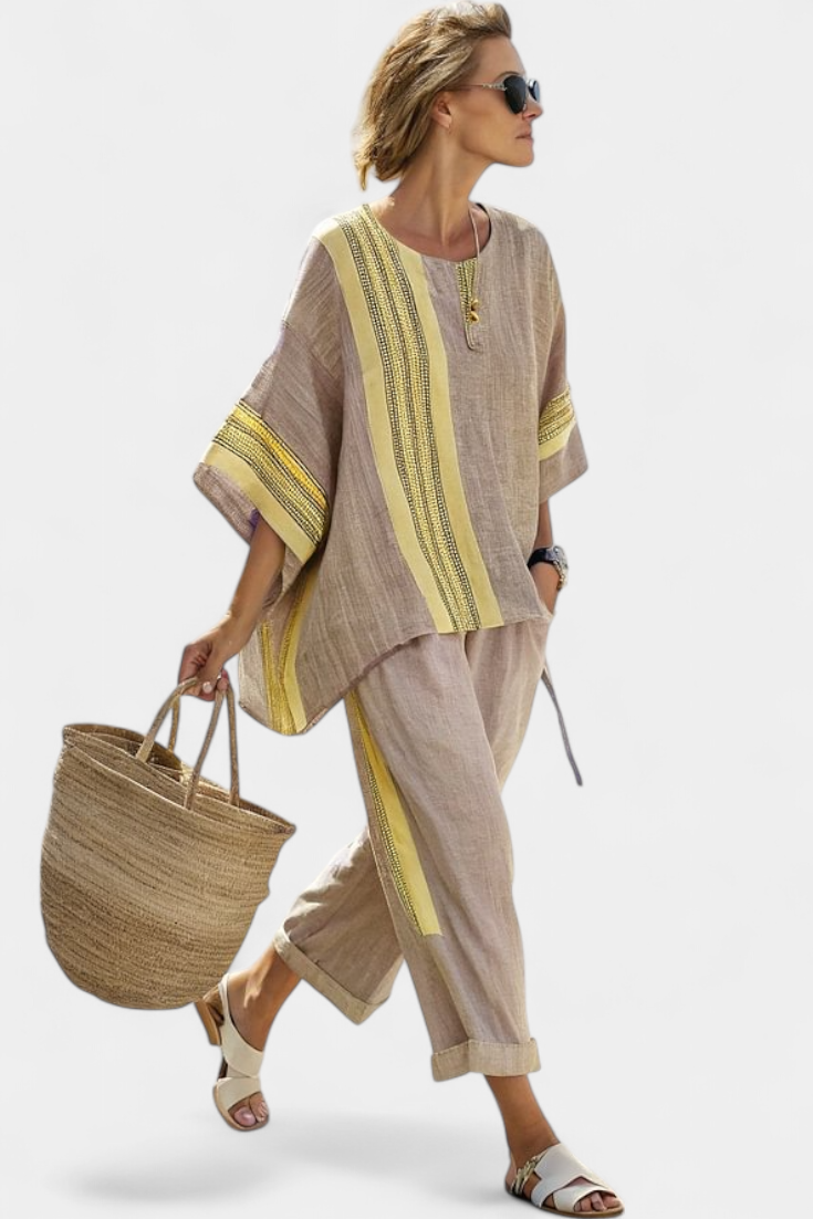 Linde – Elegant Lavender Top & Mustard Striped Trousers