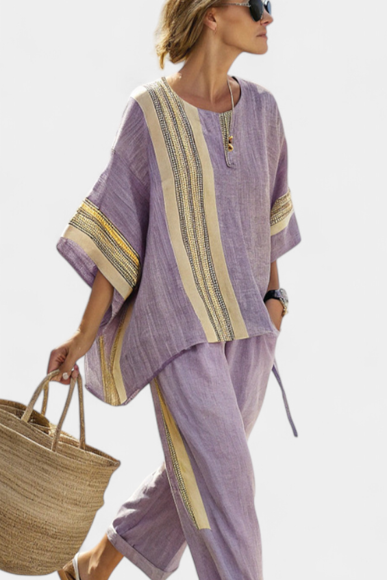 Linde – Elegant Lavender Top & Mustard Striped Trousers