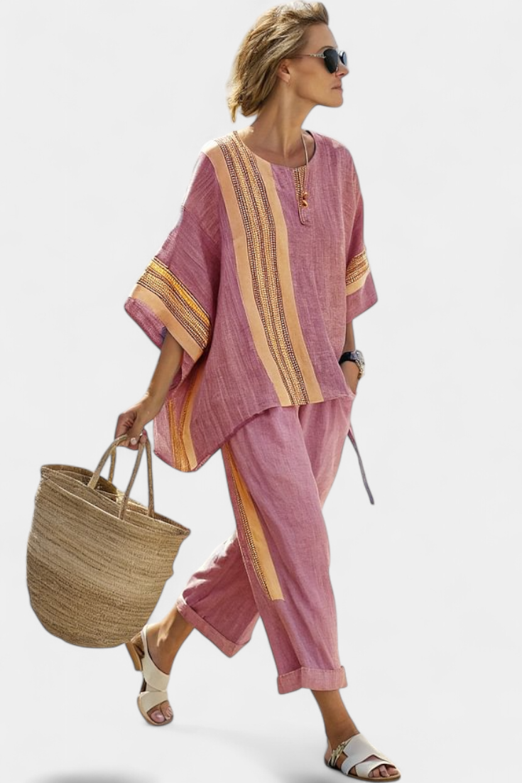 Linde – Elegant Lavender Top & Mustard Striped Trousers