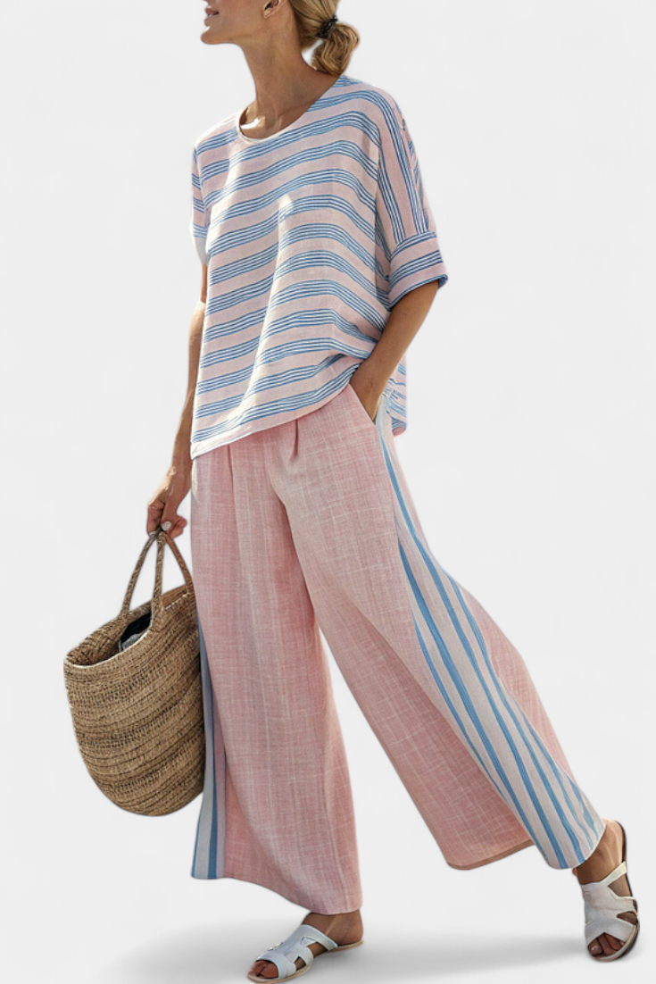 Lynn | Elegant Pink & Blue Blouse & Soft Trousers