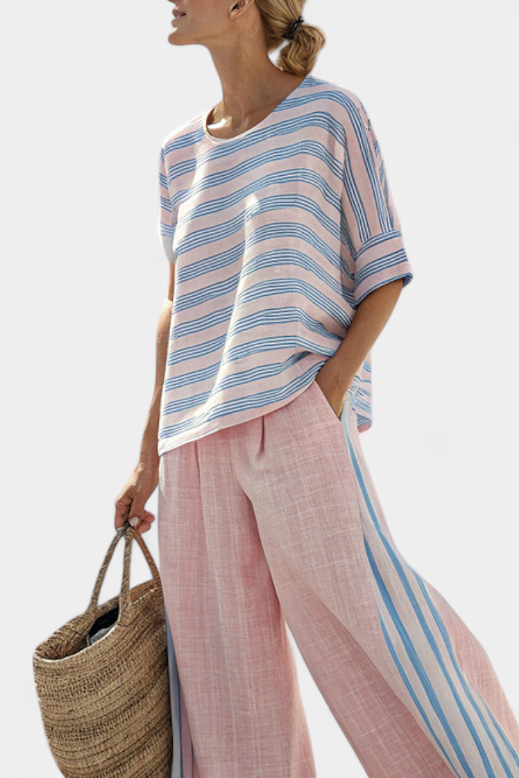 Lynn | Elegant Pink & Blue Blouse & Soft Trousers