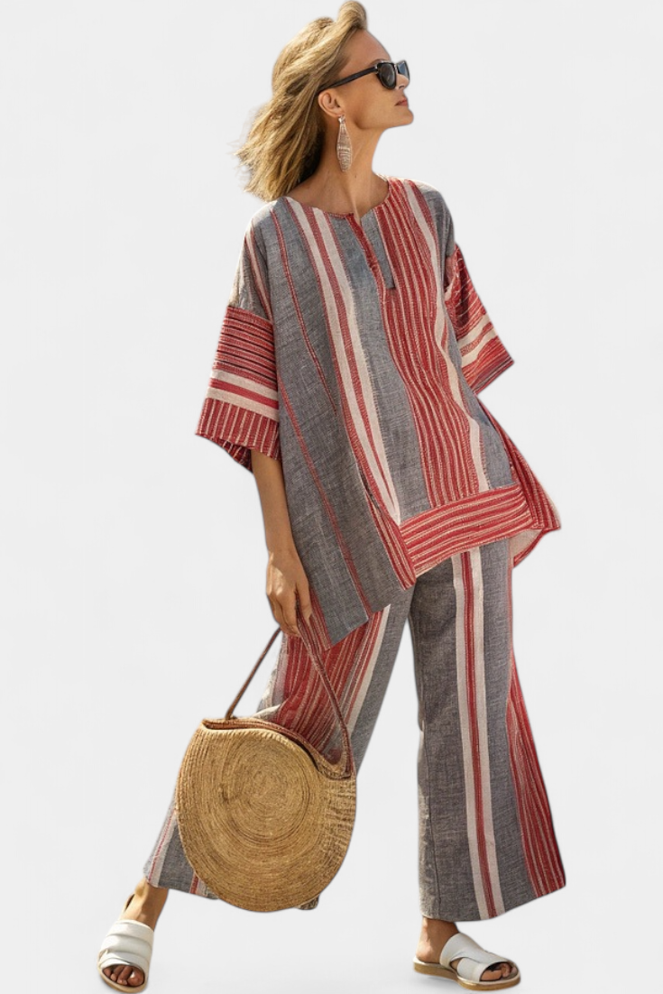 Emma | Elegant Coral Grey Top & Wide-Leg Trousers