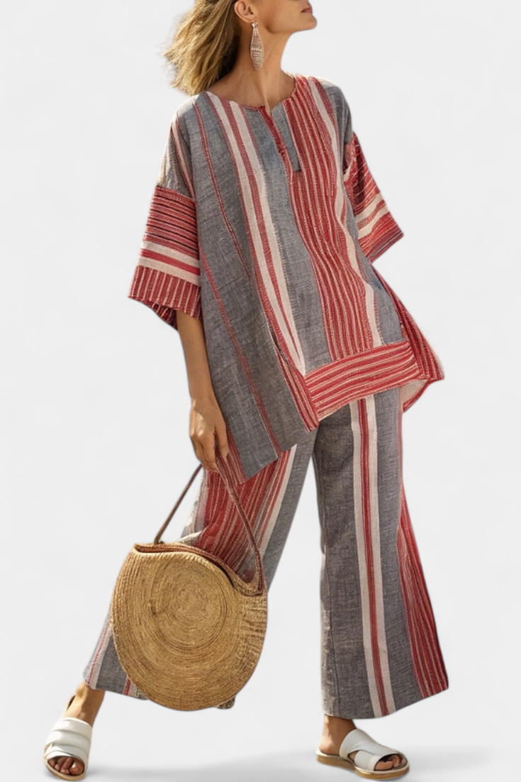 Emma | Elegant Coral Grey Top & Wide-Leg Trousers