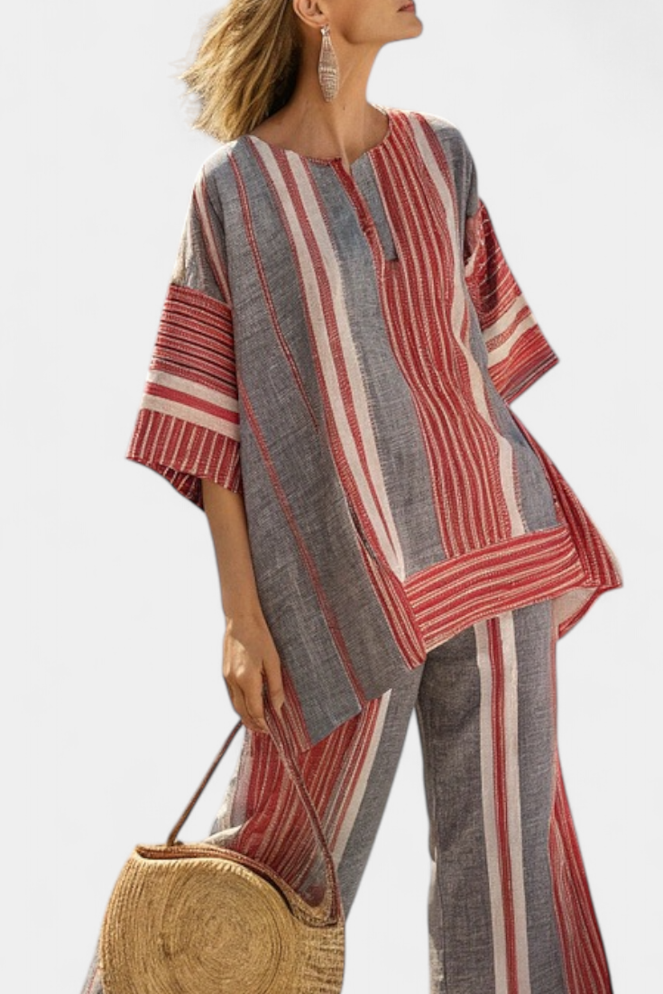 Emma | Elegant Coral Grey Top & Wide-Leg Trousers