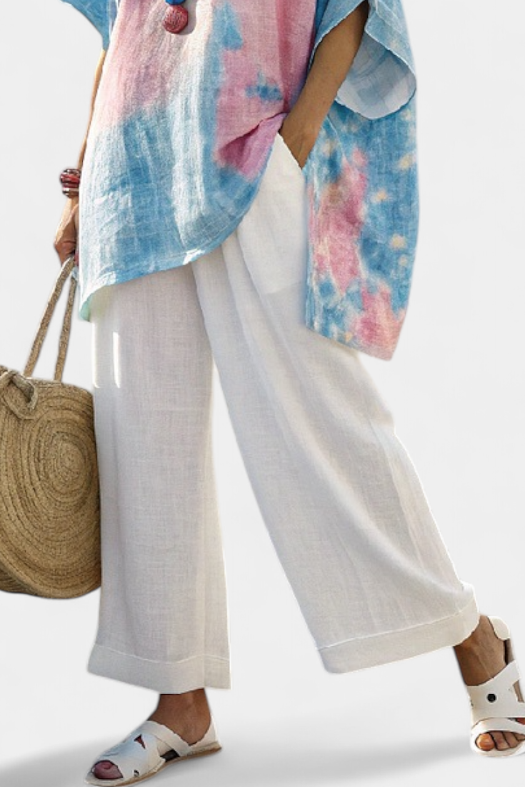 Lisa | Comfortable Relaxed Linen Top & Striped Bamboo Trousers