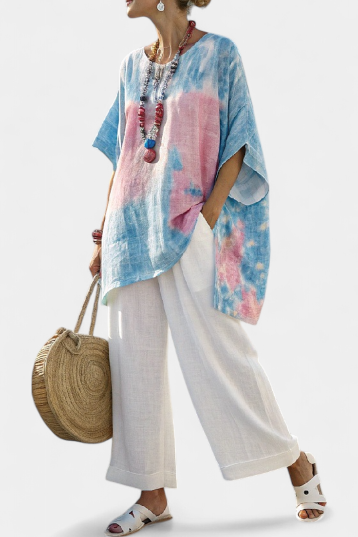 Lisa | Comfortable Relaxed Linen Top & Striped Bamboo Trousers