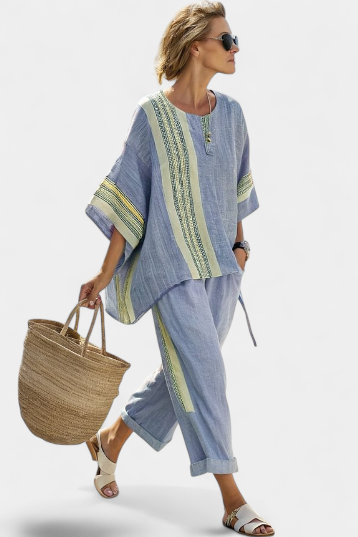 Linde – Elegant Lavender Top & Mustard Striped Trousers