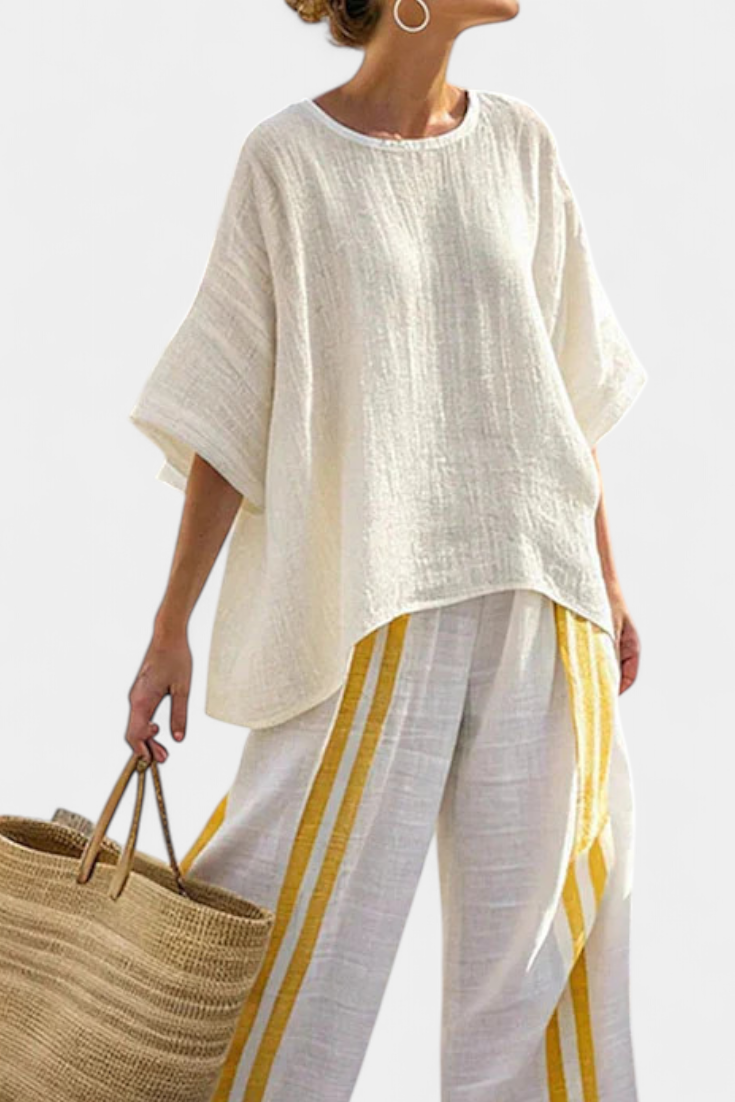 Ilse | Elegant Yellow Striped Top & Wide-Leg Trousers
