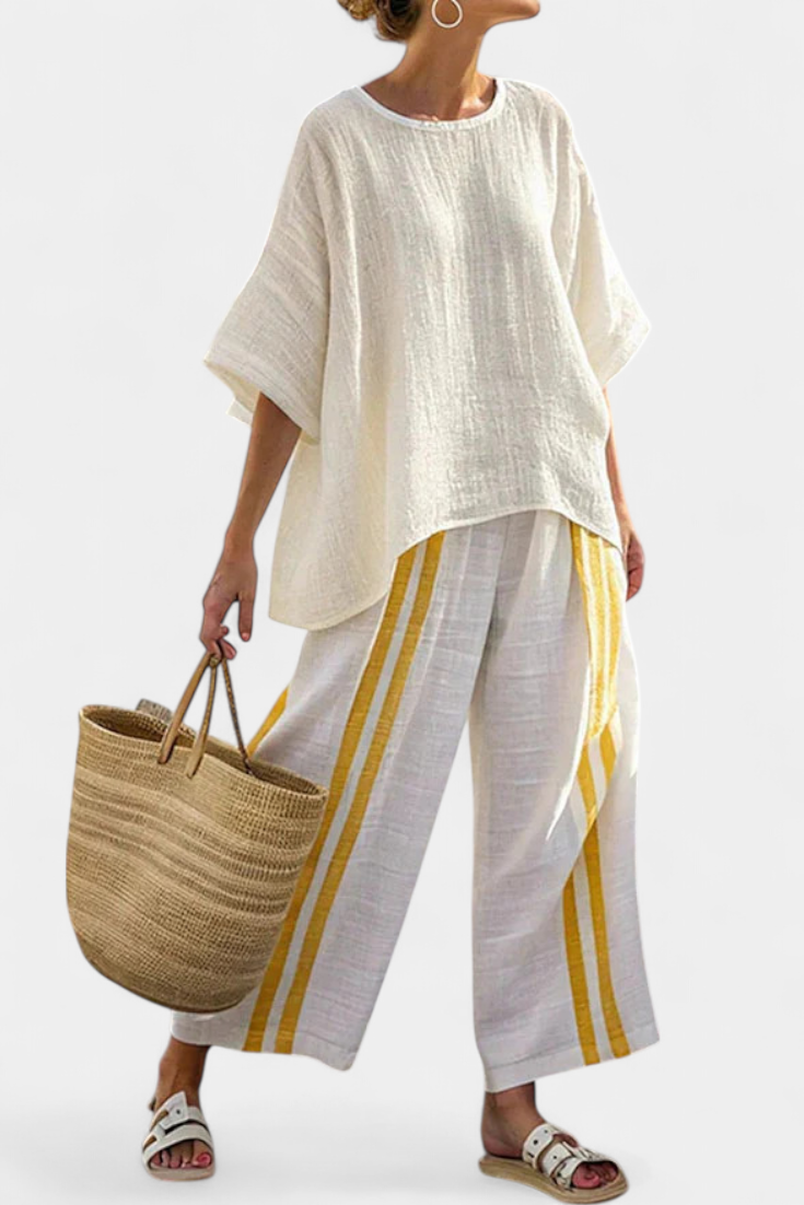 Ilse | Elegant Yellow Striped Top & Wide-Leg Trousers