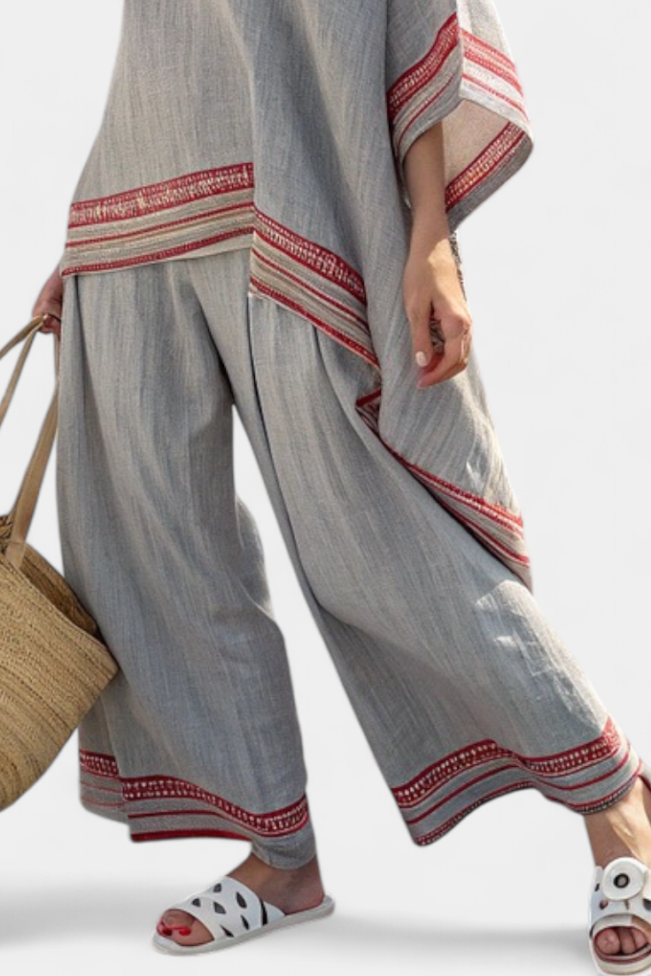 Sanne – Sophisticated Asymmetric Blouse & Ethnic Wide-Leg Trousers