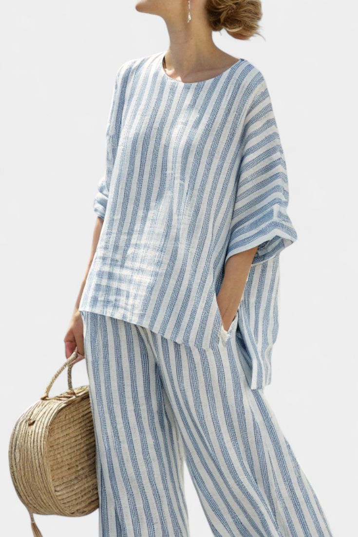 Tess | Refined Blue Striped Top & Relaxed Trousers