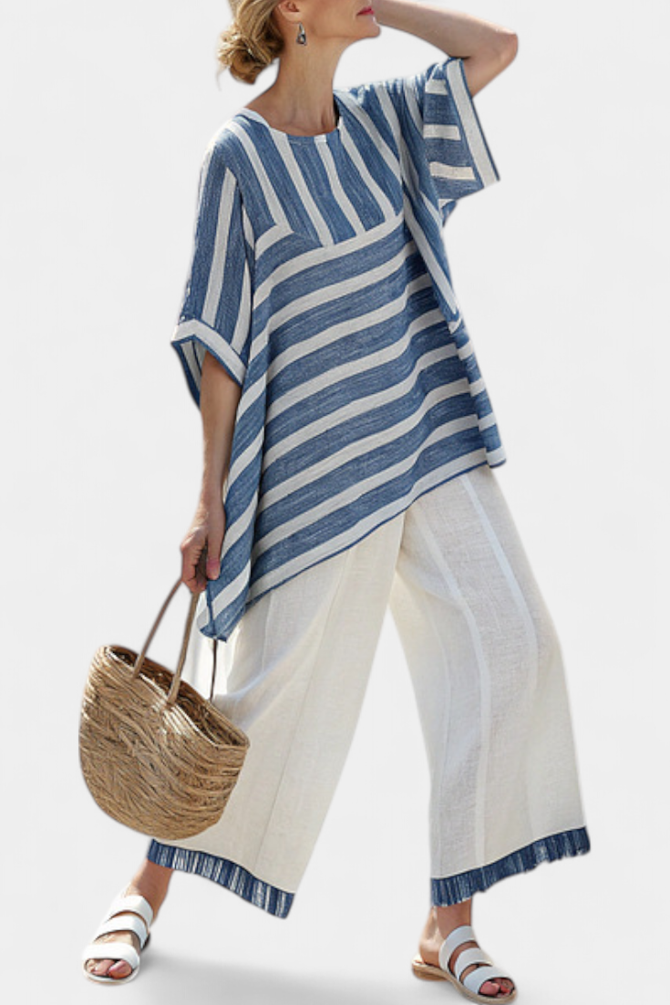 Elin | Refined Blue Striped Top & Trousers with Hem Detail