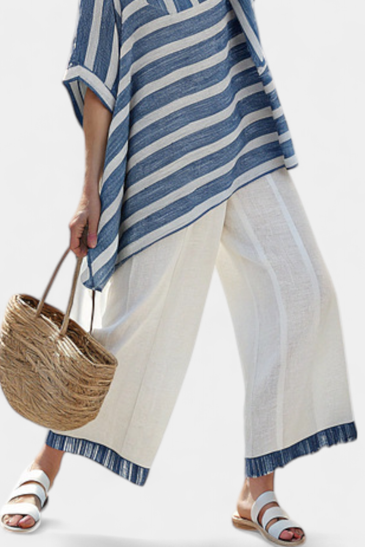Elin | Refined Blue Striped Top & Trousers with Hem Detail