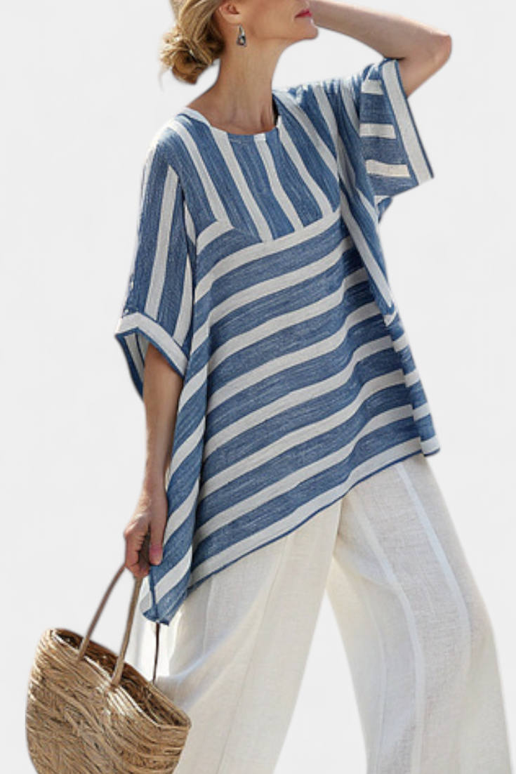Elin | Refined Blue Striped Top & Trousers with Hem Detail
