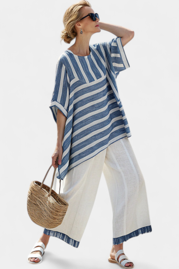 Elin | Refined Blue Striped Top & Trousers with Hem Detail