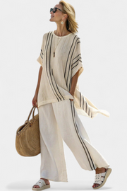 Anna | Elegant Ivory Blouse & Black Striped Trousers