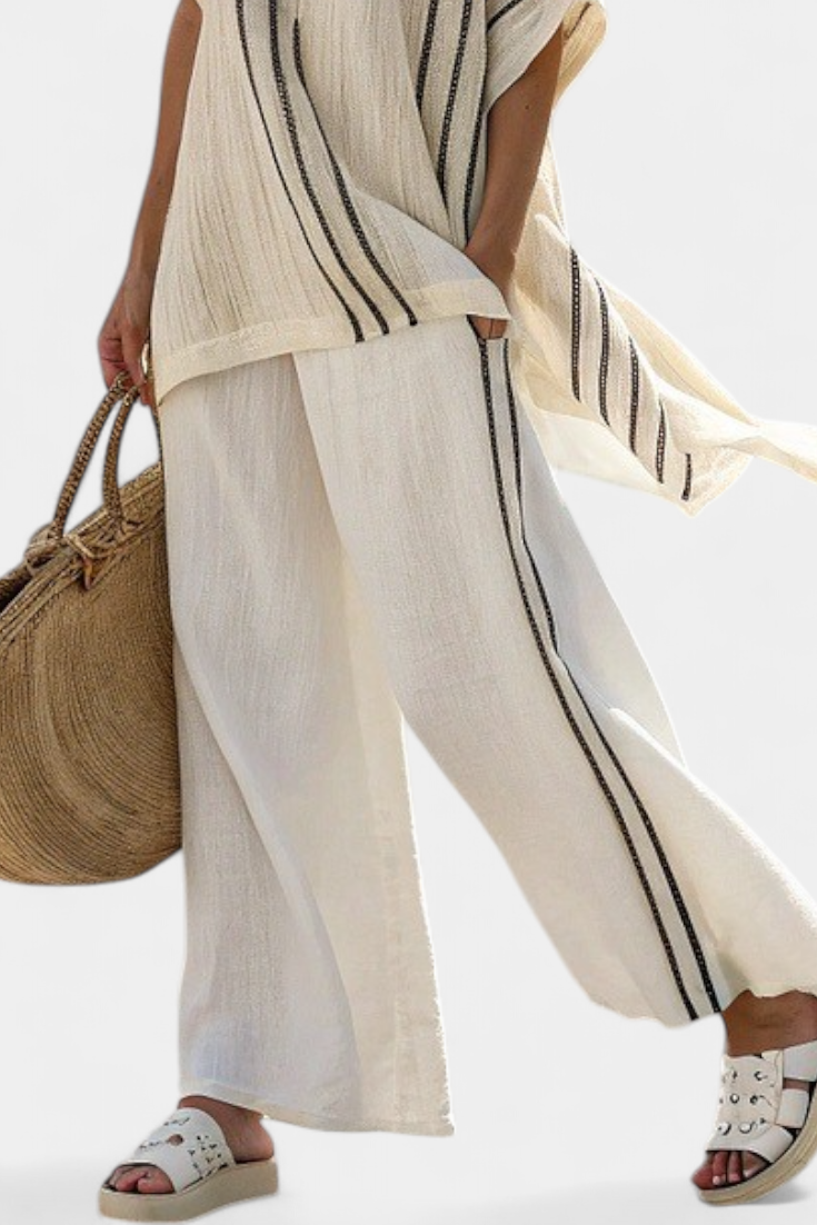 Anna | Elegant Ivory Blouse & Black Striped Trousers