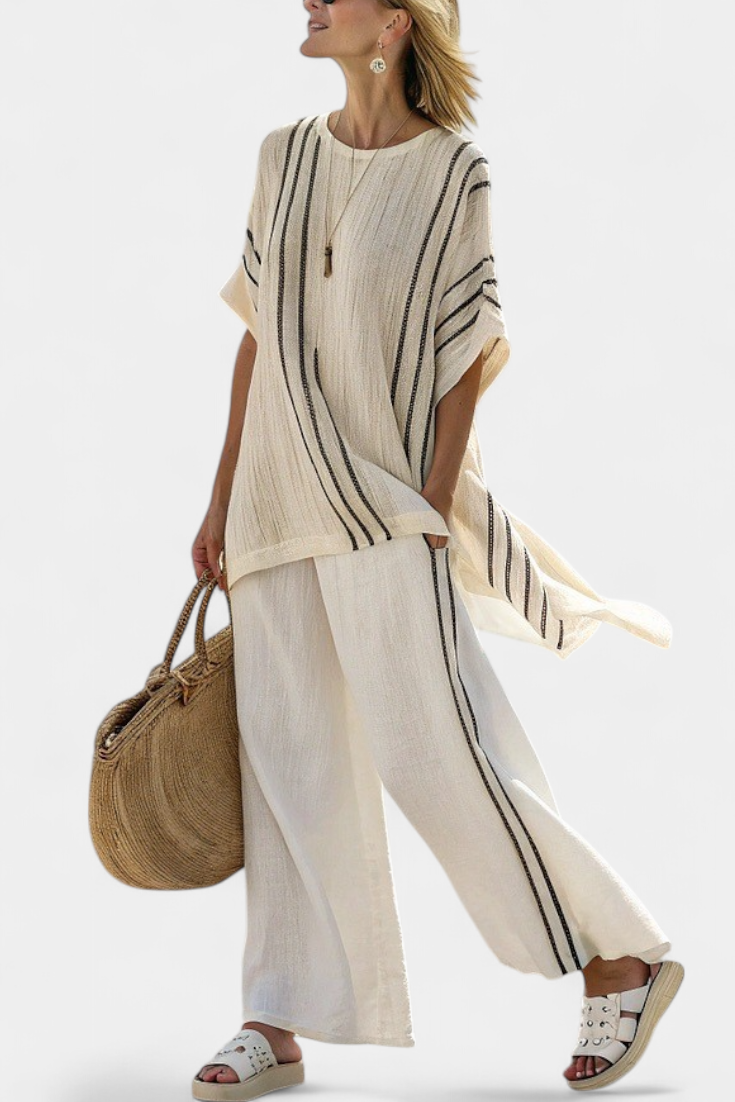 Anna | Elegant Ivory Blouse & Black Striped Trousers
