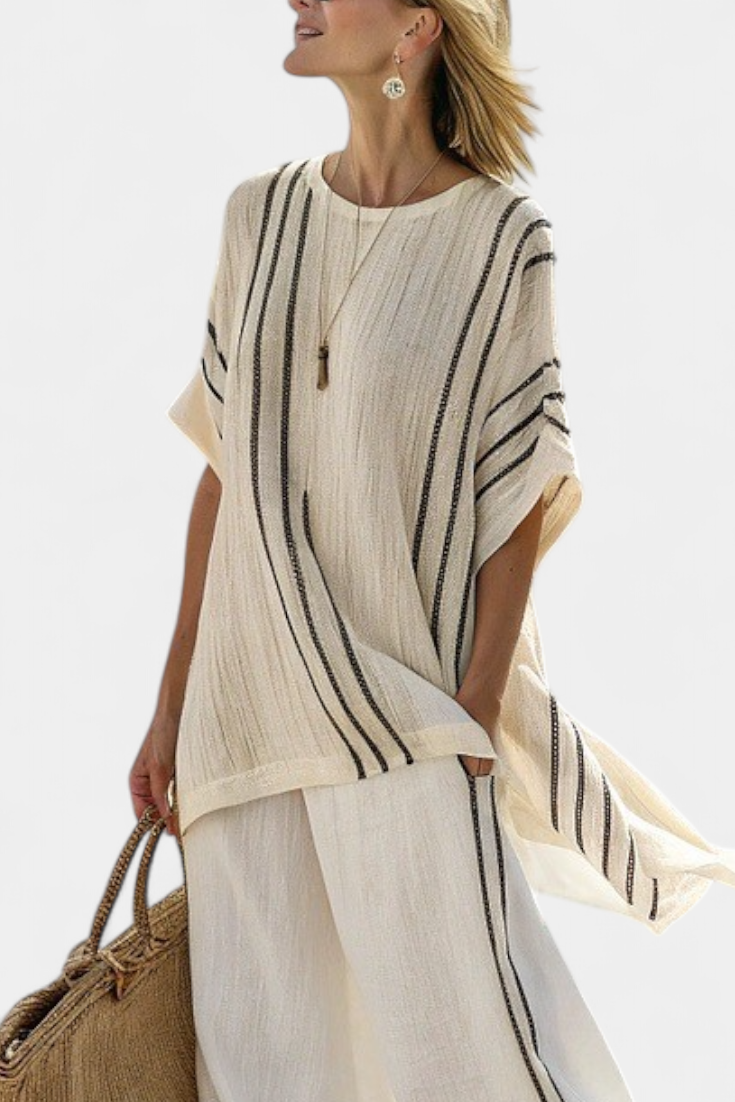 Anna | Elegant Ivory Blouse & Black Striped Trousers