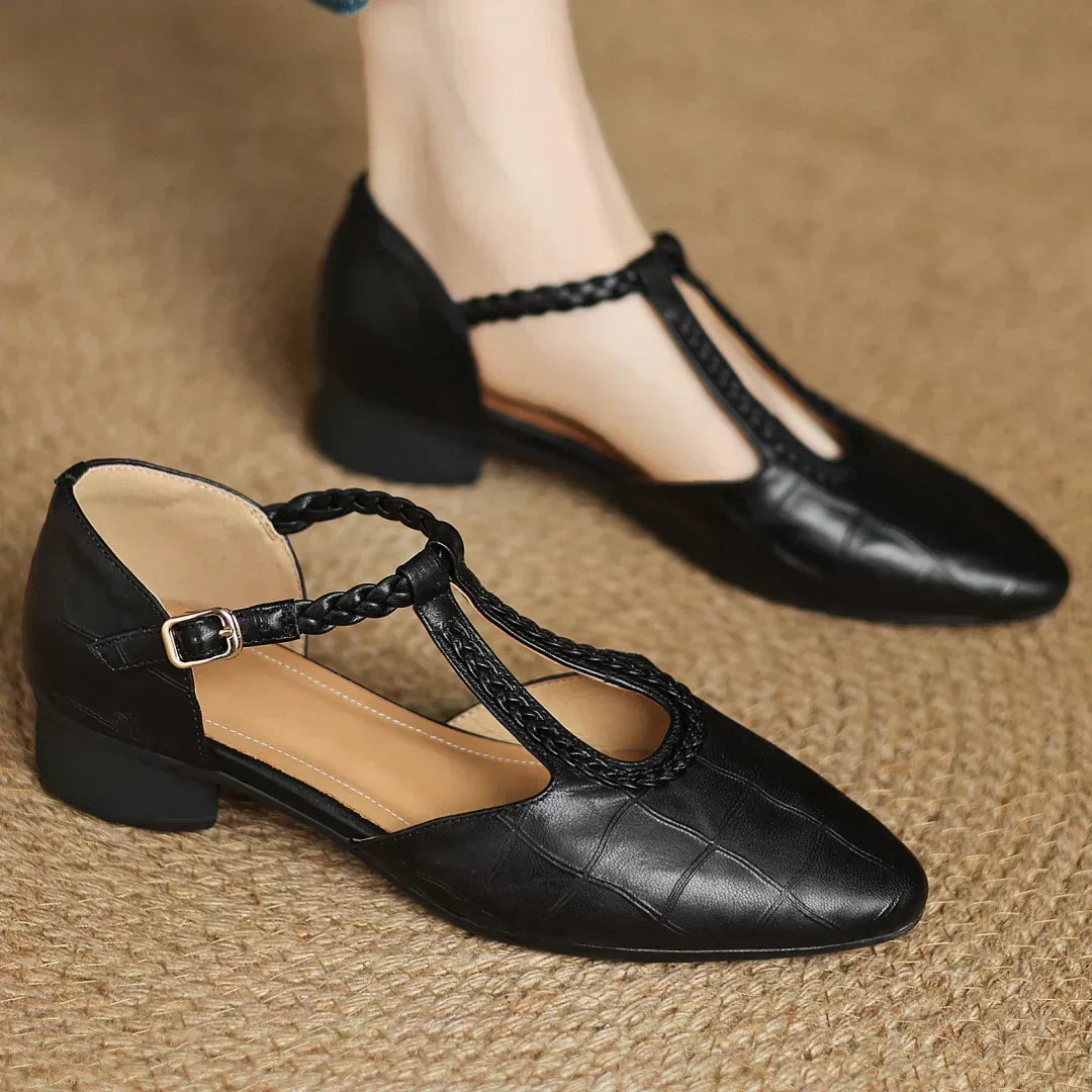 Astrid – Classic Leather T-Bar Shoes with Woven Detail