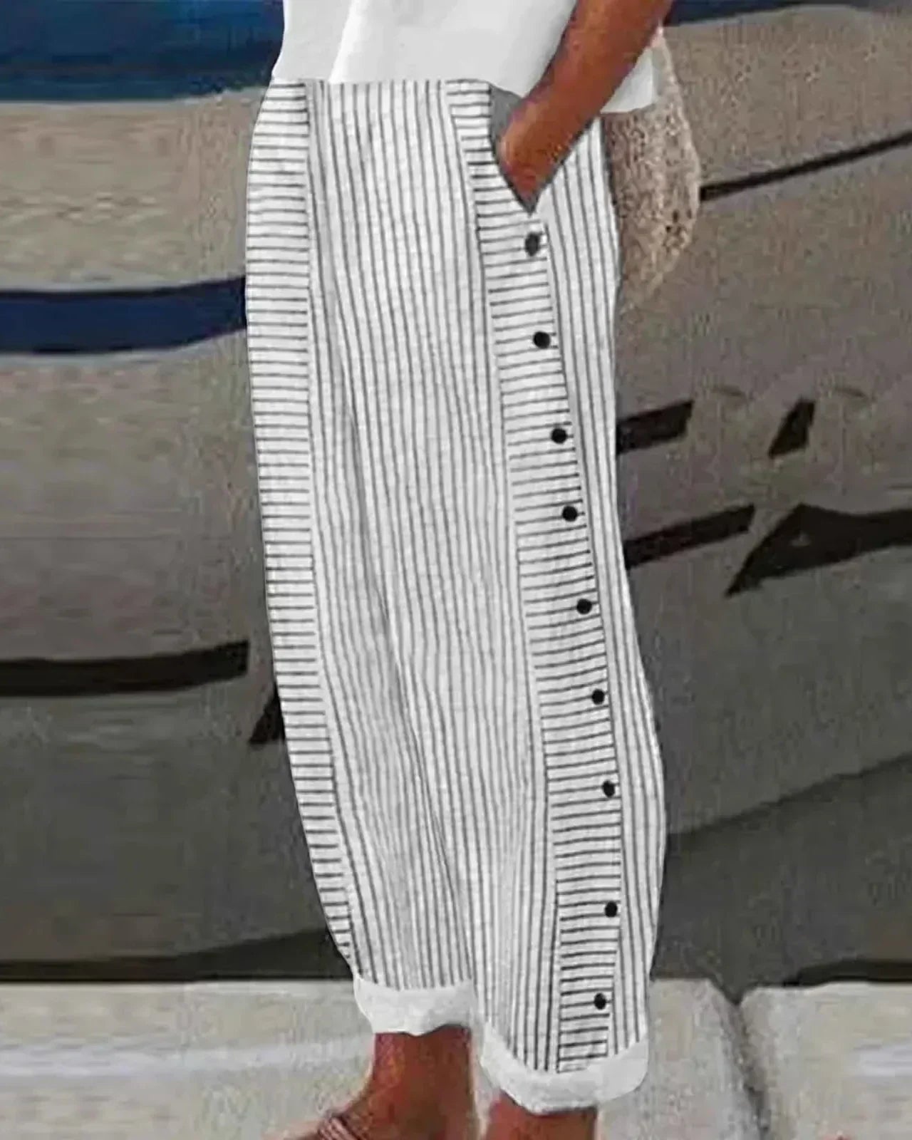 Sharon | Striped Seabreeze Trousers with Button Placket