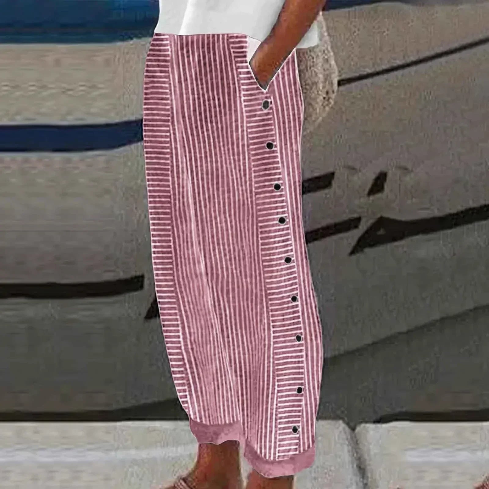 Sharon | Striped Seabreeze Trousers with Button Placket