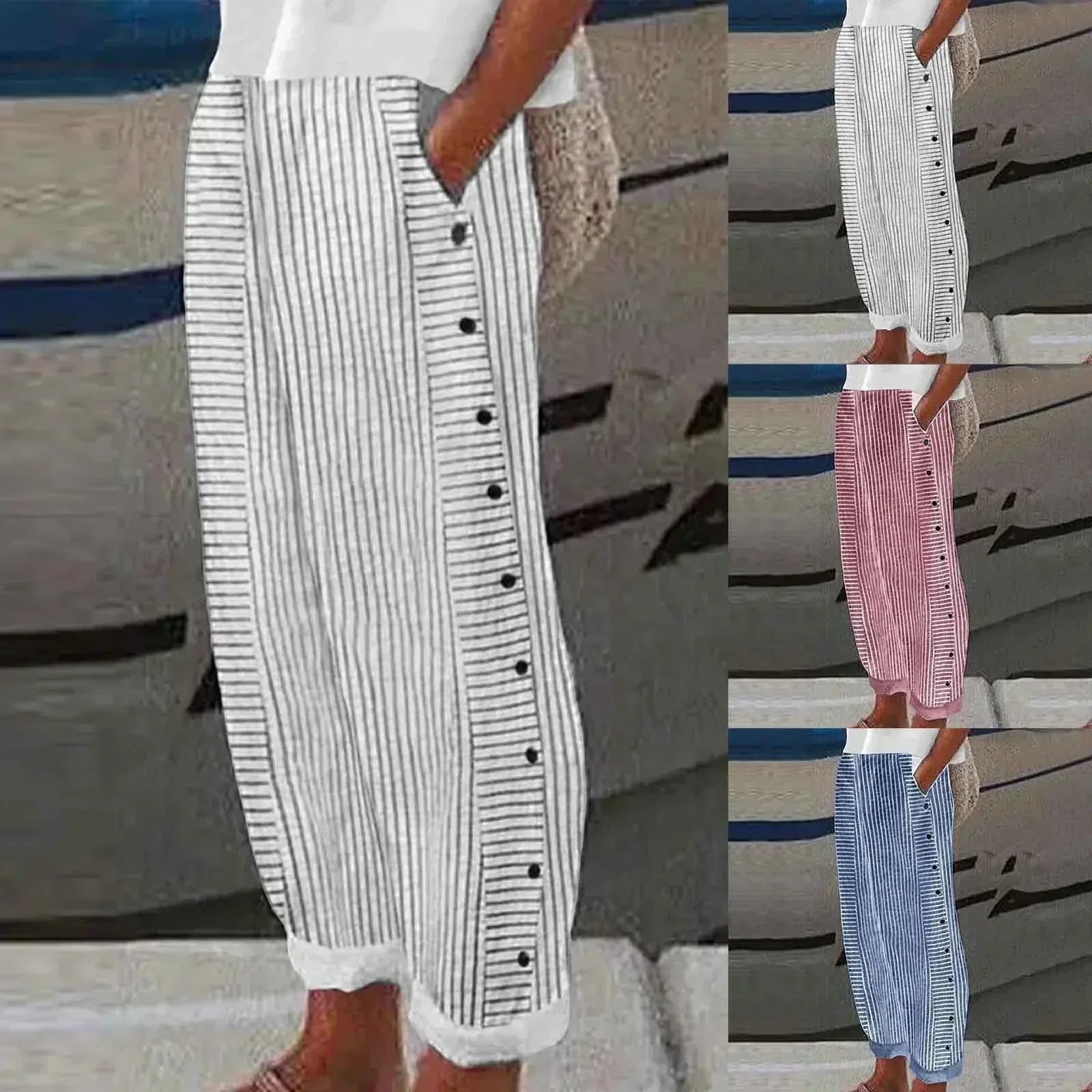 Sharon | Striped Seabreeze Trousers with Button Placket