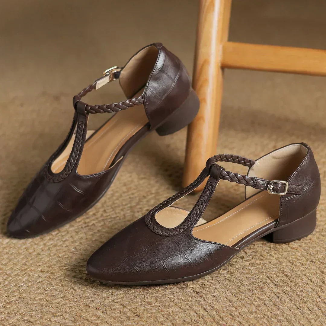 Astrid – Classic Leather T-Bar Shoes with Woven Detail