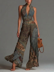 Bohemian Ethnic Print Sleeveless Zipper Pleated Wide-leg Chiffon Jumpsuit