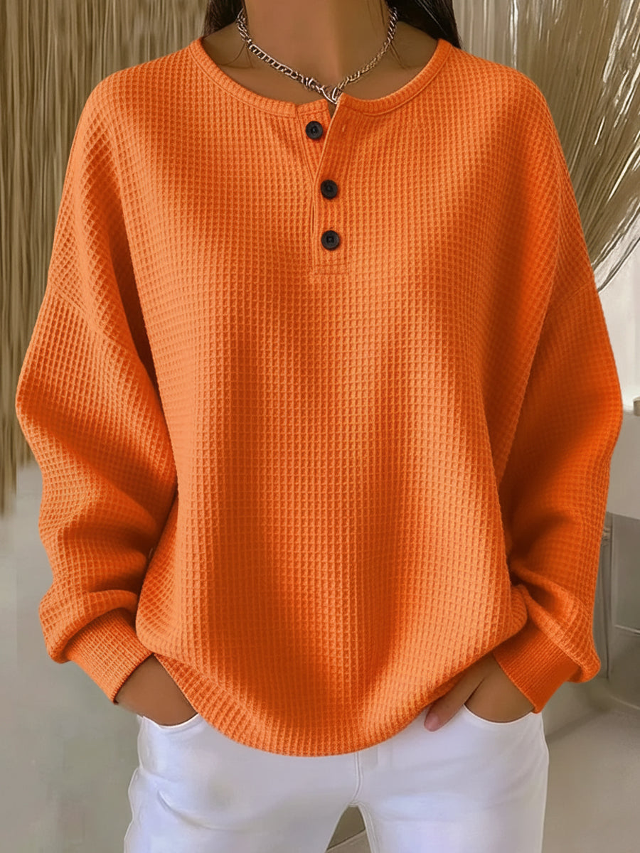 Mirabel - Cozy Waffle Henley Sweatshirt