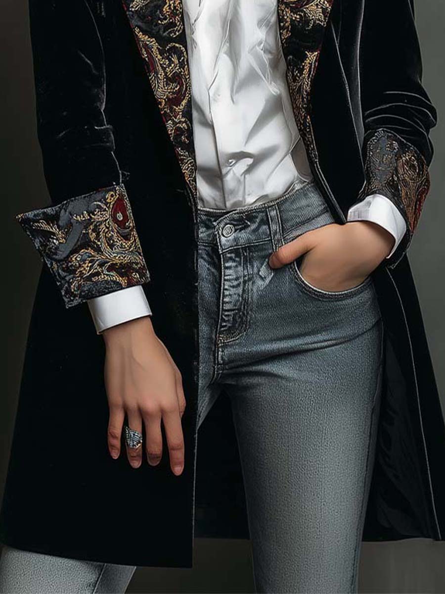 Black Baroque Print Lapel Slim Fit Blazer