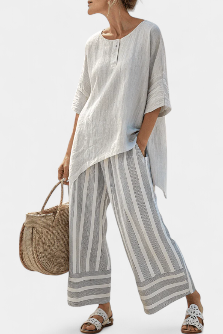 Sophie | Elegant Asymmetric Blouse & Striped Trousers