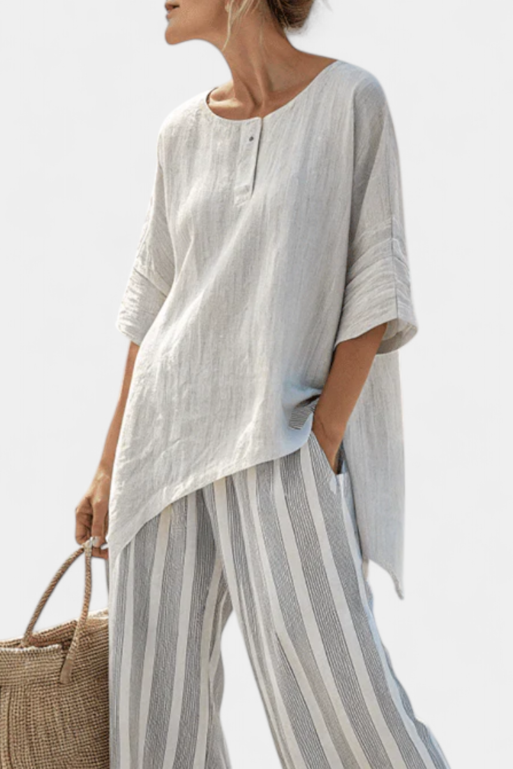 Sophie | Elegant Asymmetric Blouse & Striped Trousers